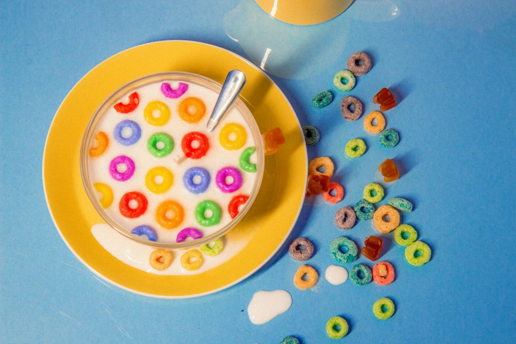 Froot loops in bowl and on surface