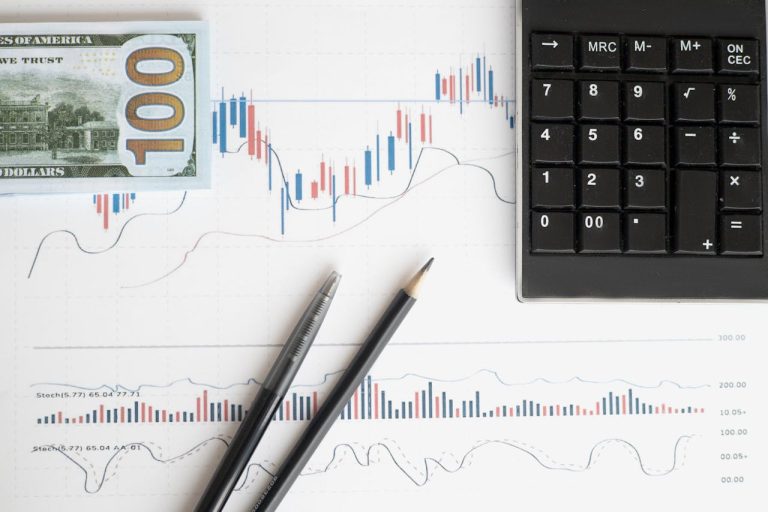 Stock index, 100 dollar bill, a calculator and stationery