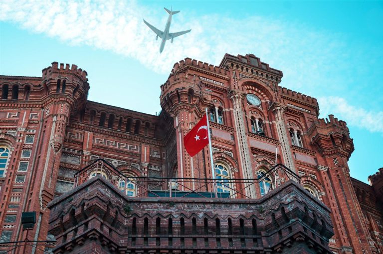 Flight above building with Turkish flag