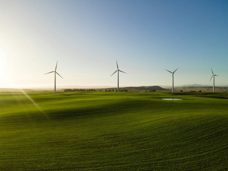 Wind energy turbines on field
