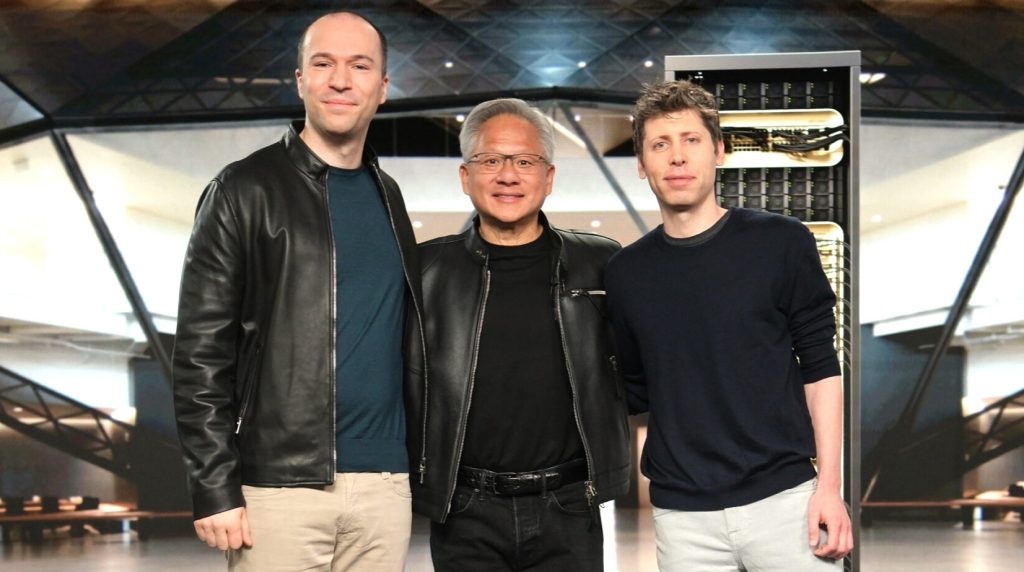 Predsednik OpenAI Greg Brockman, ustanovitelj in izvršni direktor Nvidie Jensen Huang in izvršni direktor OpenAI Sam Altman. Foto: Nvidia